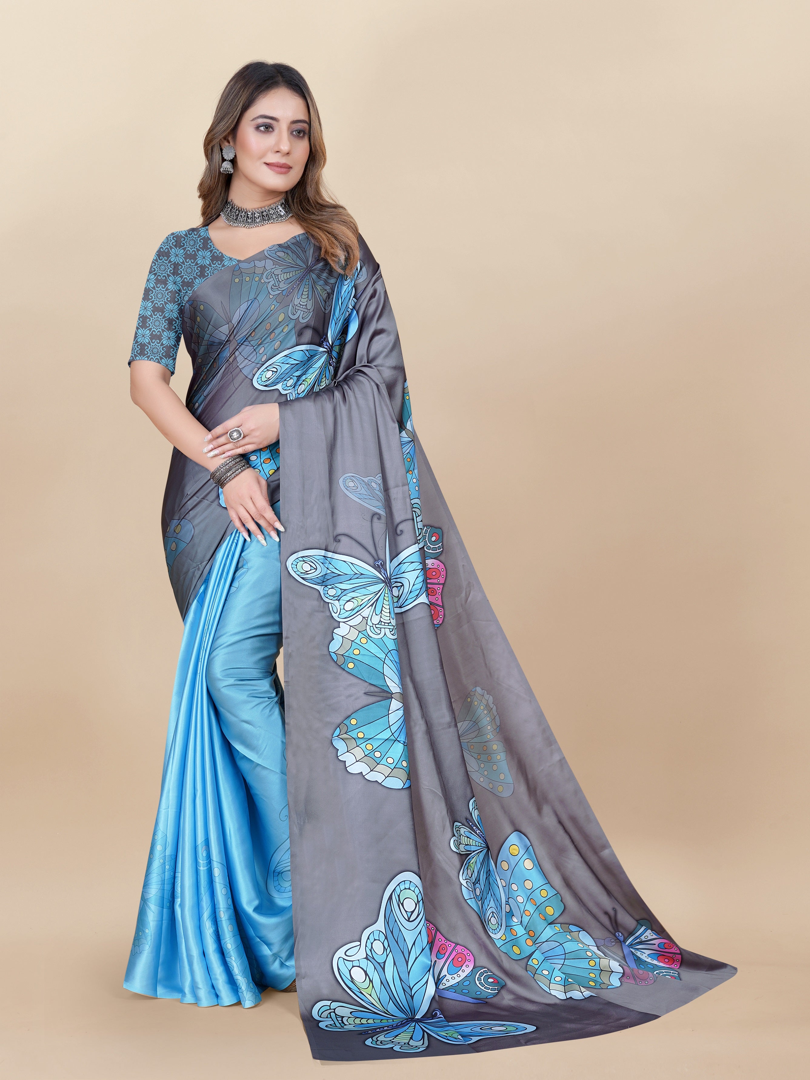 Vedant Vastram Digital Print Japan Satin Silk Party Wear Saree with Unstitched Blouse Piece - Turquoise - Distacart