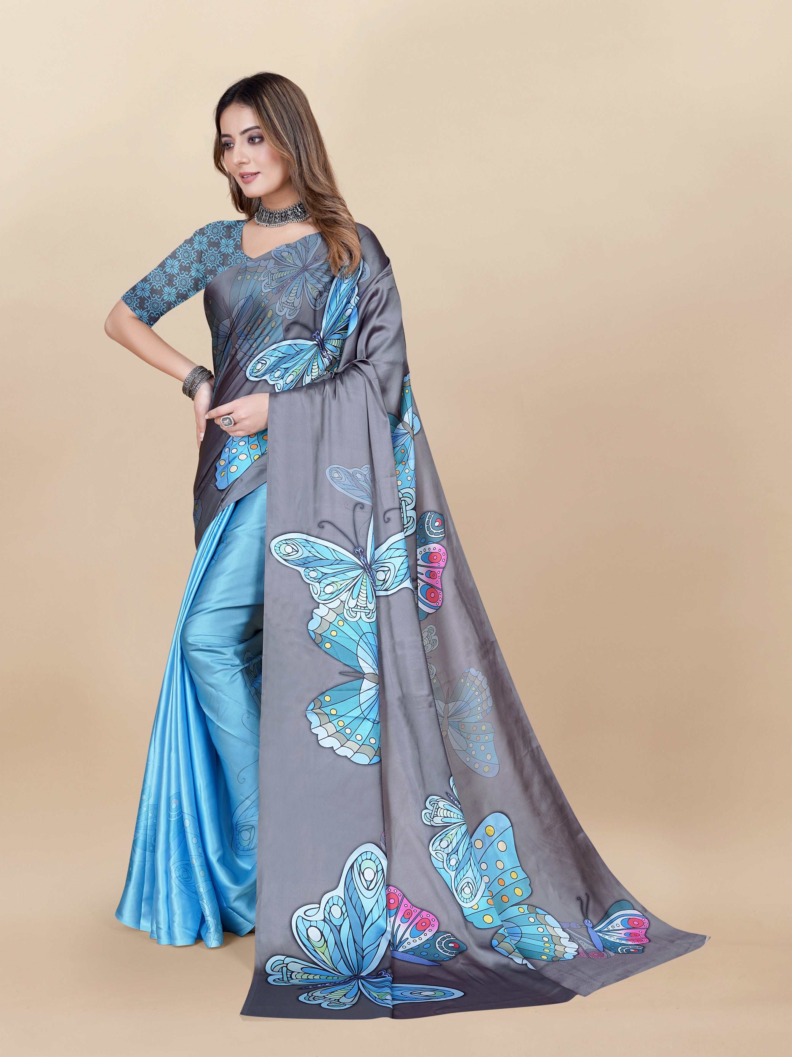 Vedant Vastram Digital Print Japan Satin Silk Party Wear Saree with Unstitched Blouse Piece - Turquoise - Distacart