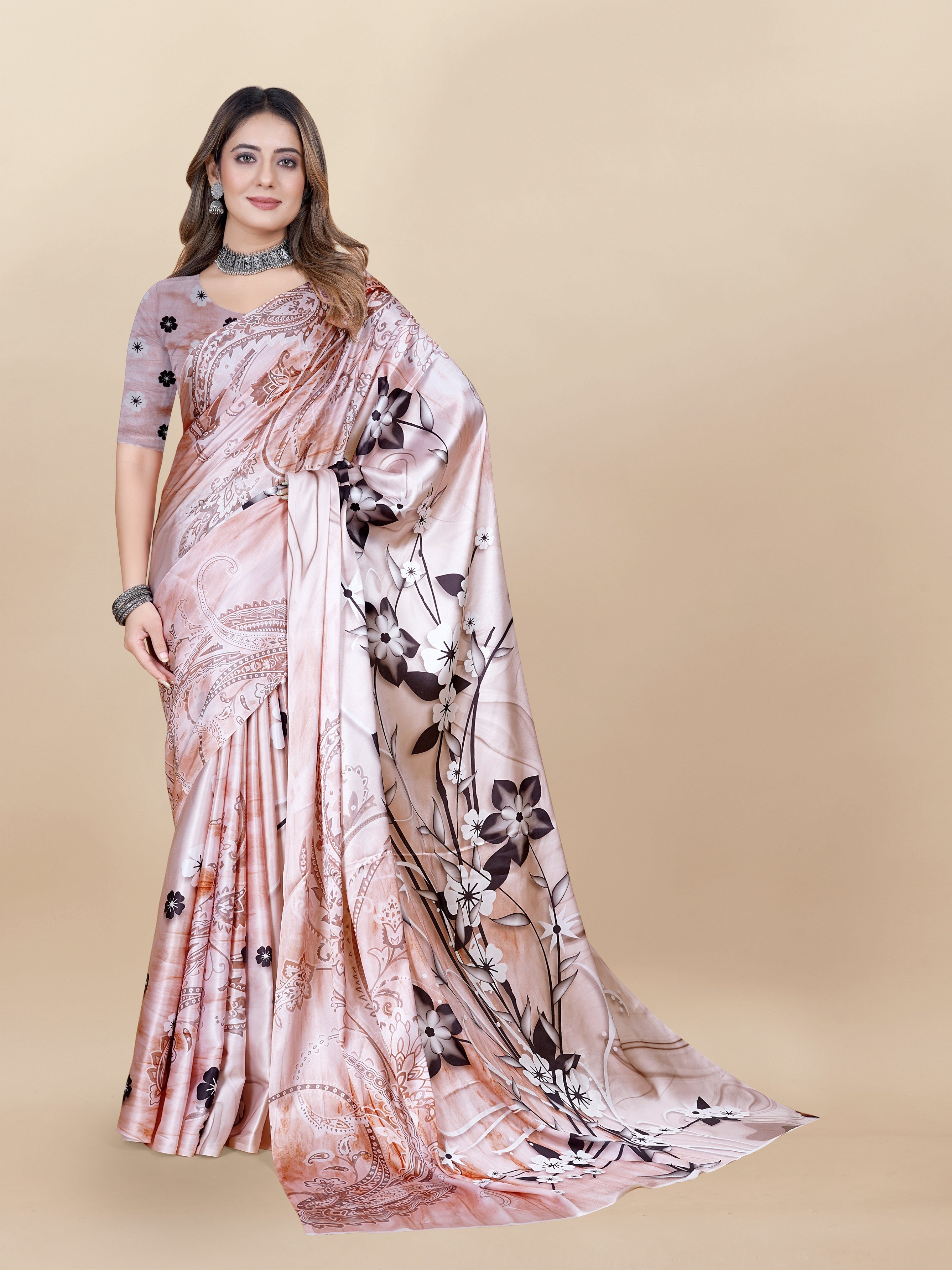 Vedant Vastram Digital Print Japan Satin Silk Party Wear Saree with Unstitched Blouse Piece - Beige - Distacart