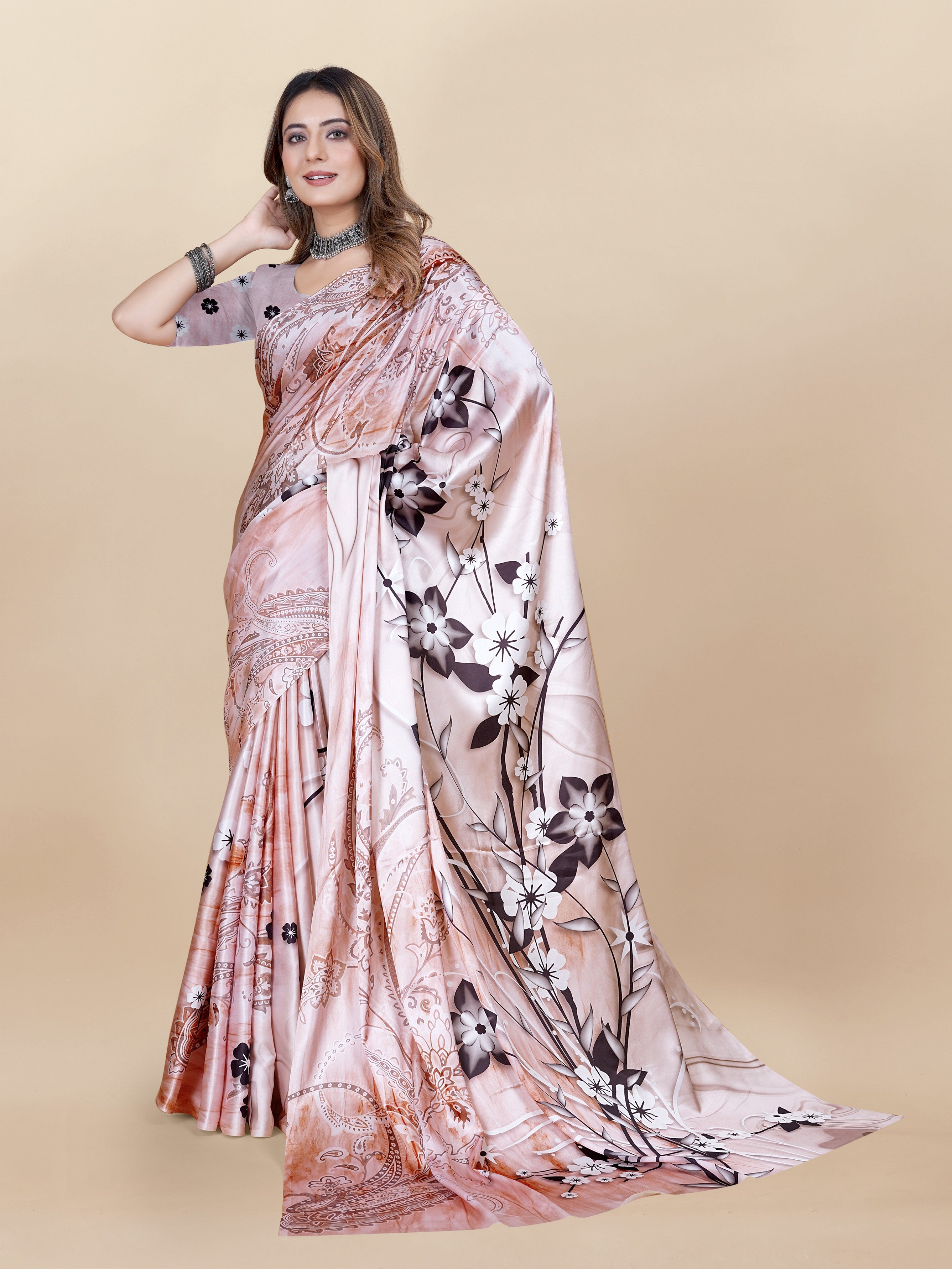 Vedant Vastram Digital Print Japan Satin Silk Party Wear Saree with Unstitched Blouse Piece - Beige - Distacart