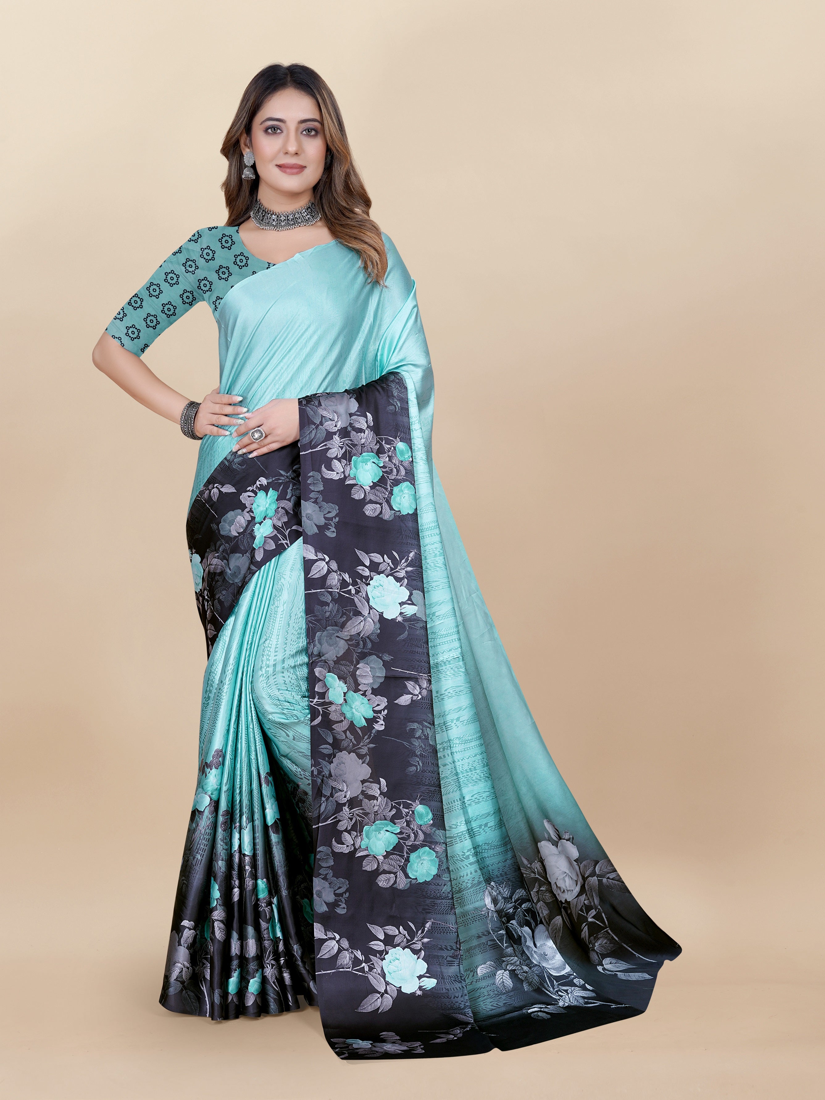 Vedant Vastram Digital Print Japan Satin Silk Party Wear Saree with Unstitched Blouse Piece - Turquoise - Distacart