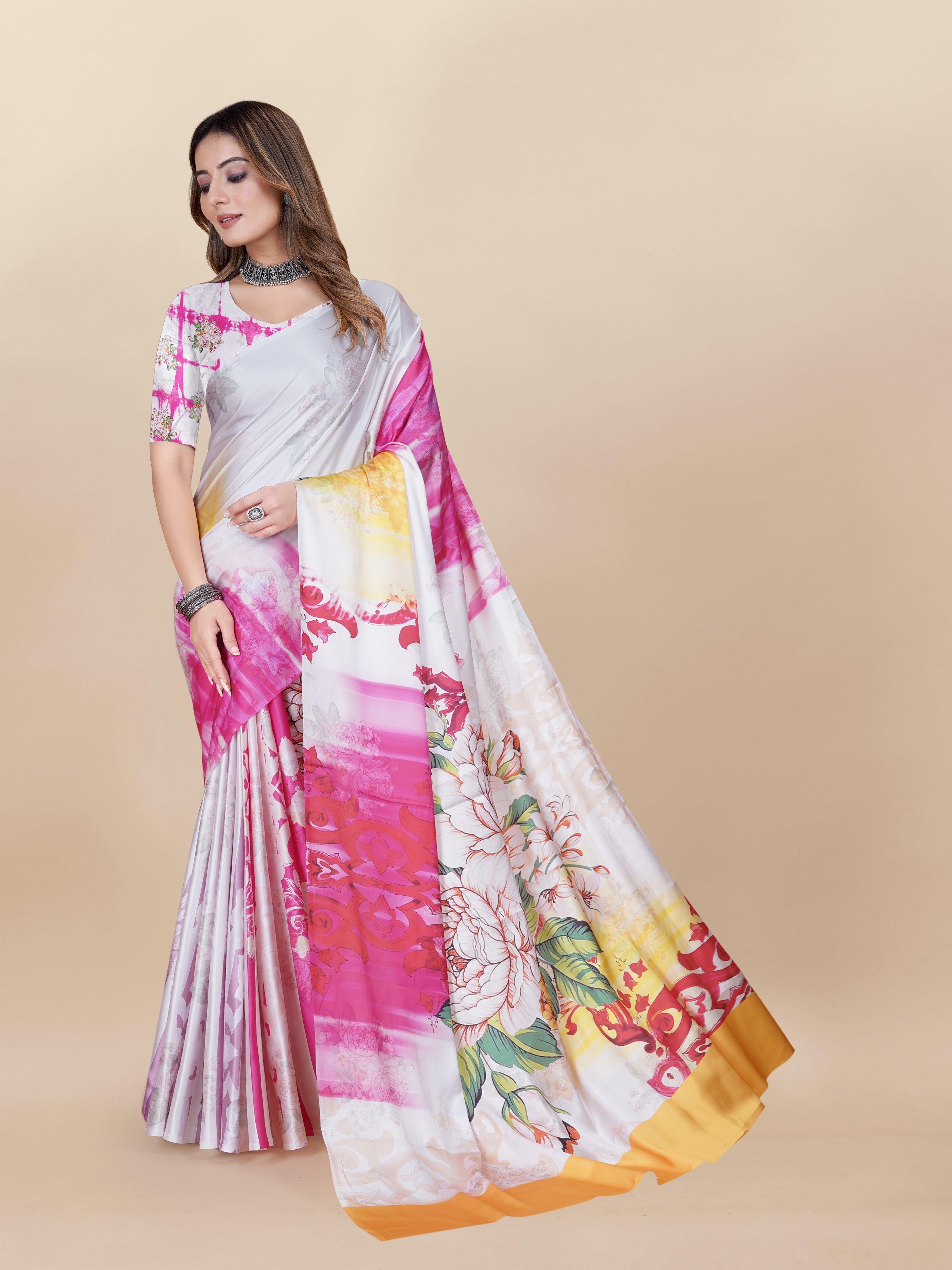 Vedant Vastram Digital Print Japan Satin Silk Party Wear Saree with Unstitched Blouse Piece - Pink - Distacart