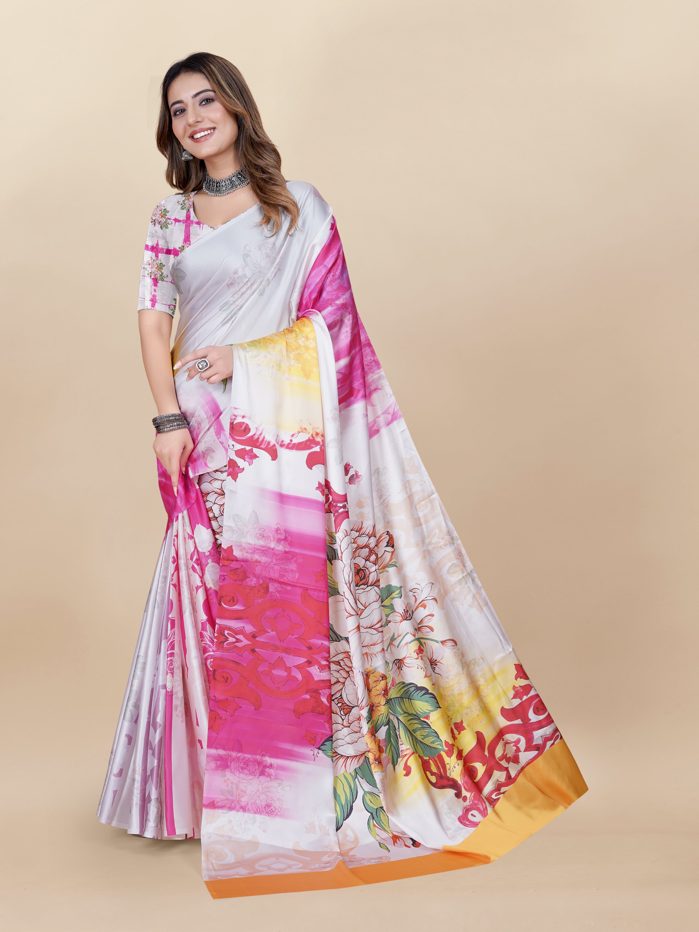 Vedant Vastram Digital Print Japan Satin Silk Party Wear Saree with Unstitched Blouse Piece - Pink - Distacart