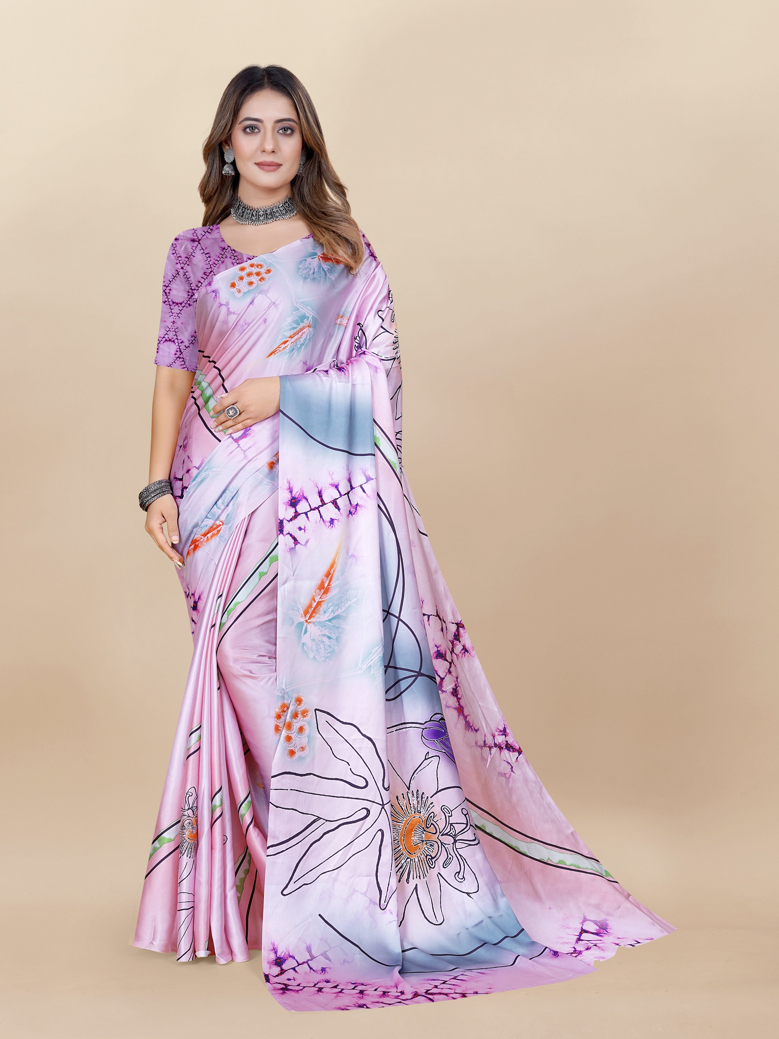 Vedant Vastram Digital Print Japan Satin Silk Party Wear Saree with Unstitched Blouse Piece - Purple - Distacart