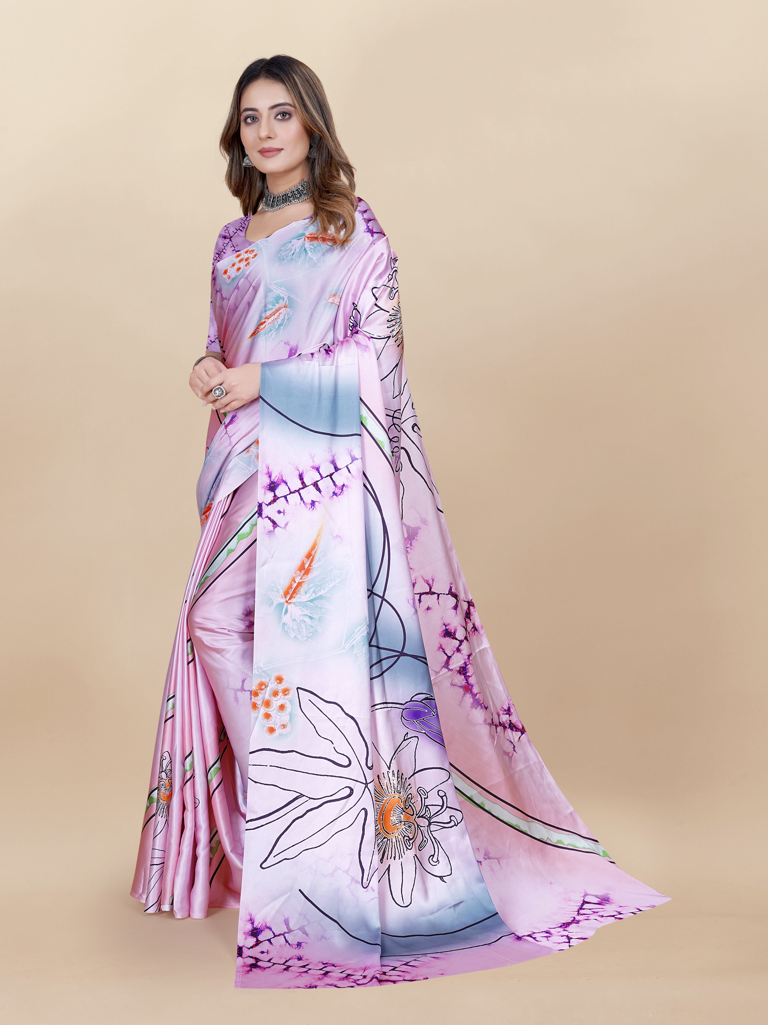 Vedant Vastram Digital Print Japan Satin Silk Party Wear Saree with Unstitched Blouse Piece - Purple - Distacart