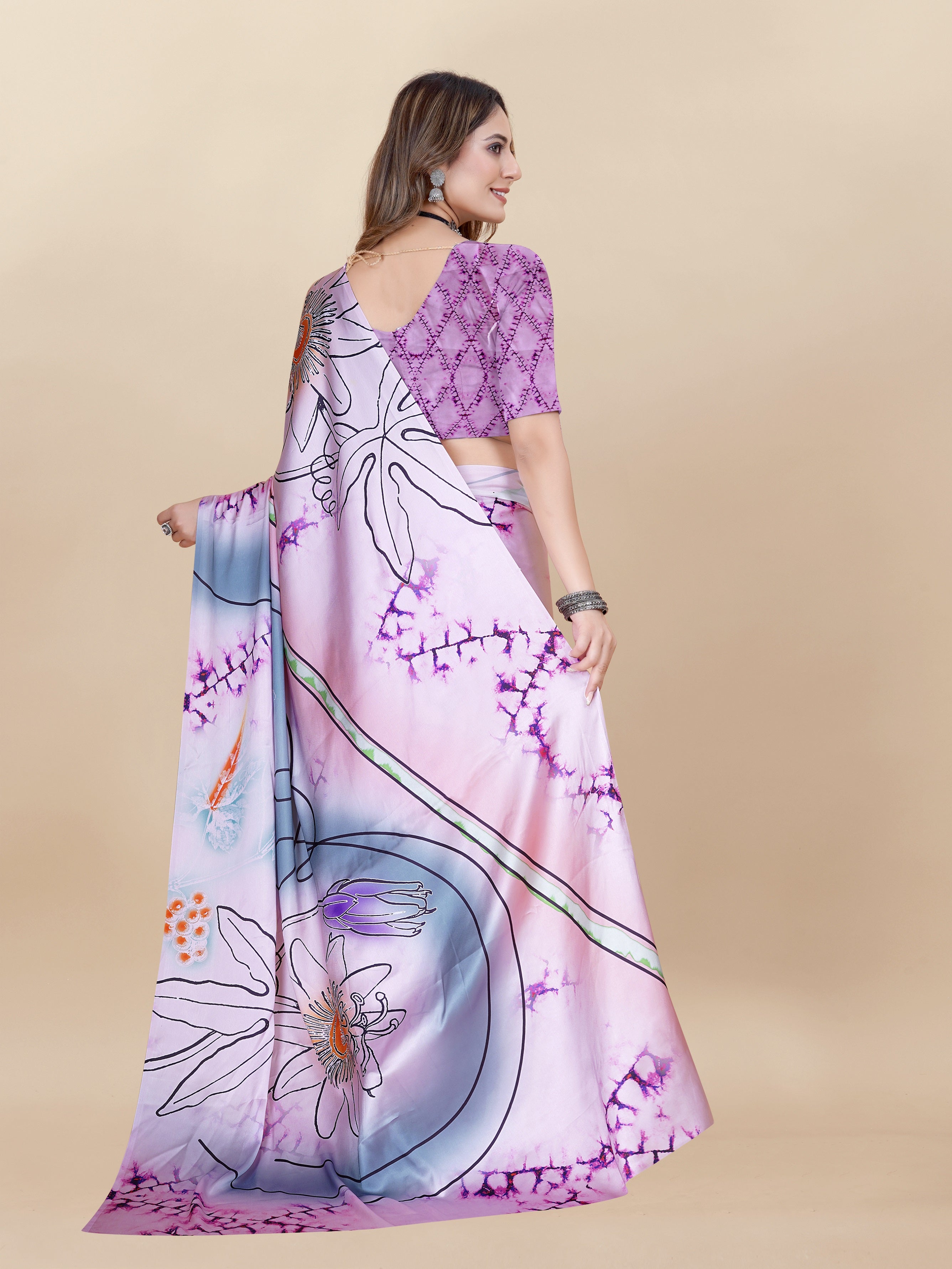 Vedant Vastram Digital Print Japan Satin Silk Party Wear Saree with Unstitched Blouse Piece - Purple - Distacart