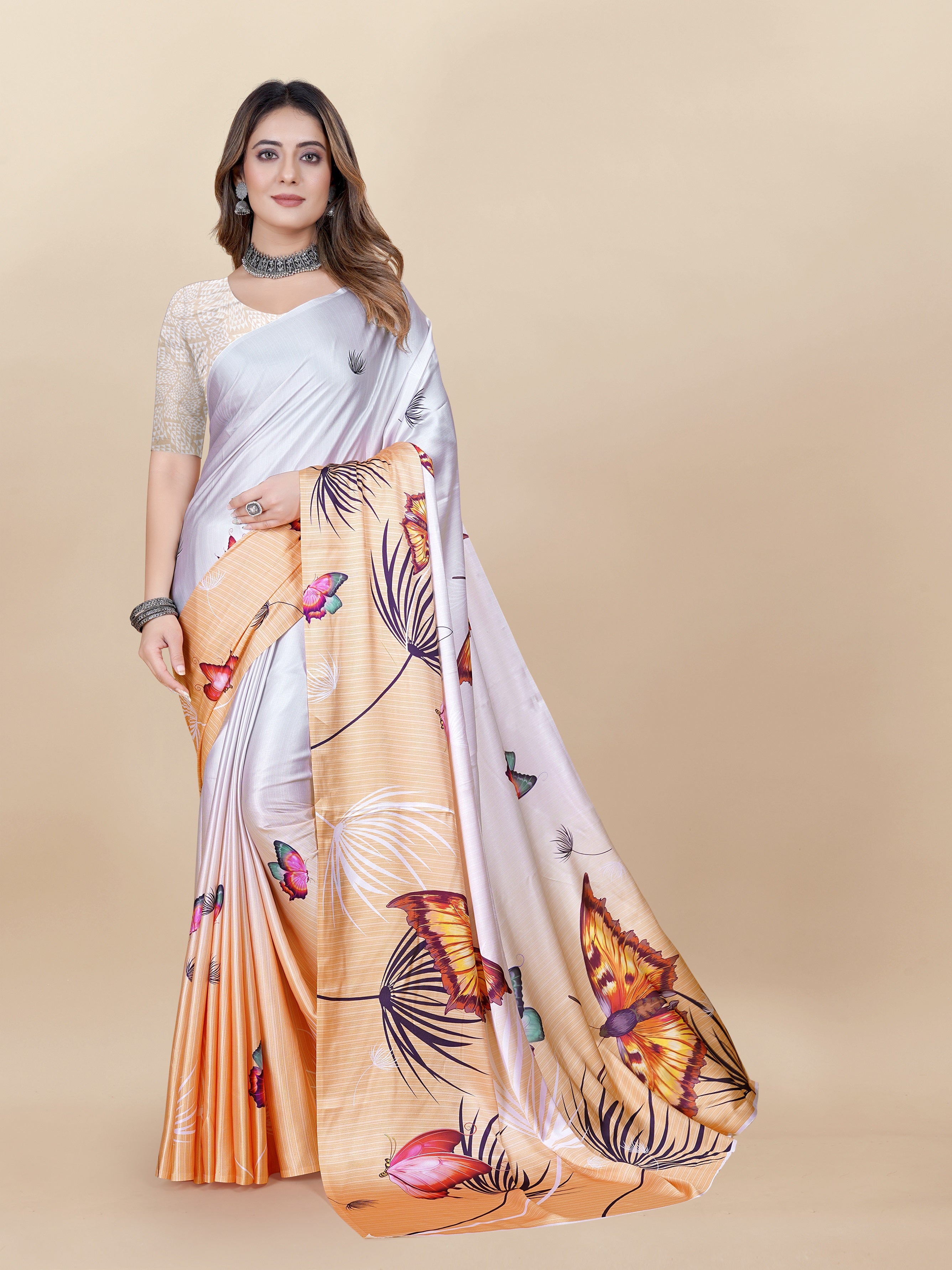 Vedant Vastram Digital Print Japan Satin Silk Party Wear Saree with Unstitched Blouse Piece - Orange - Distacart
