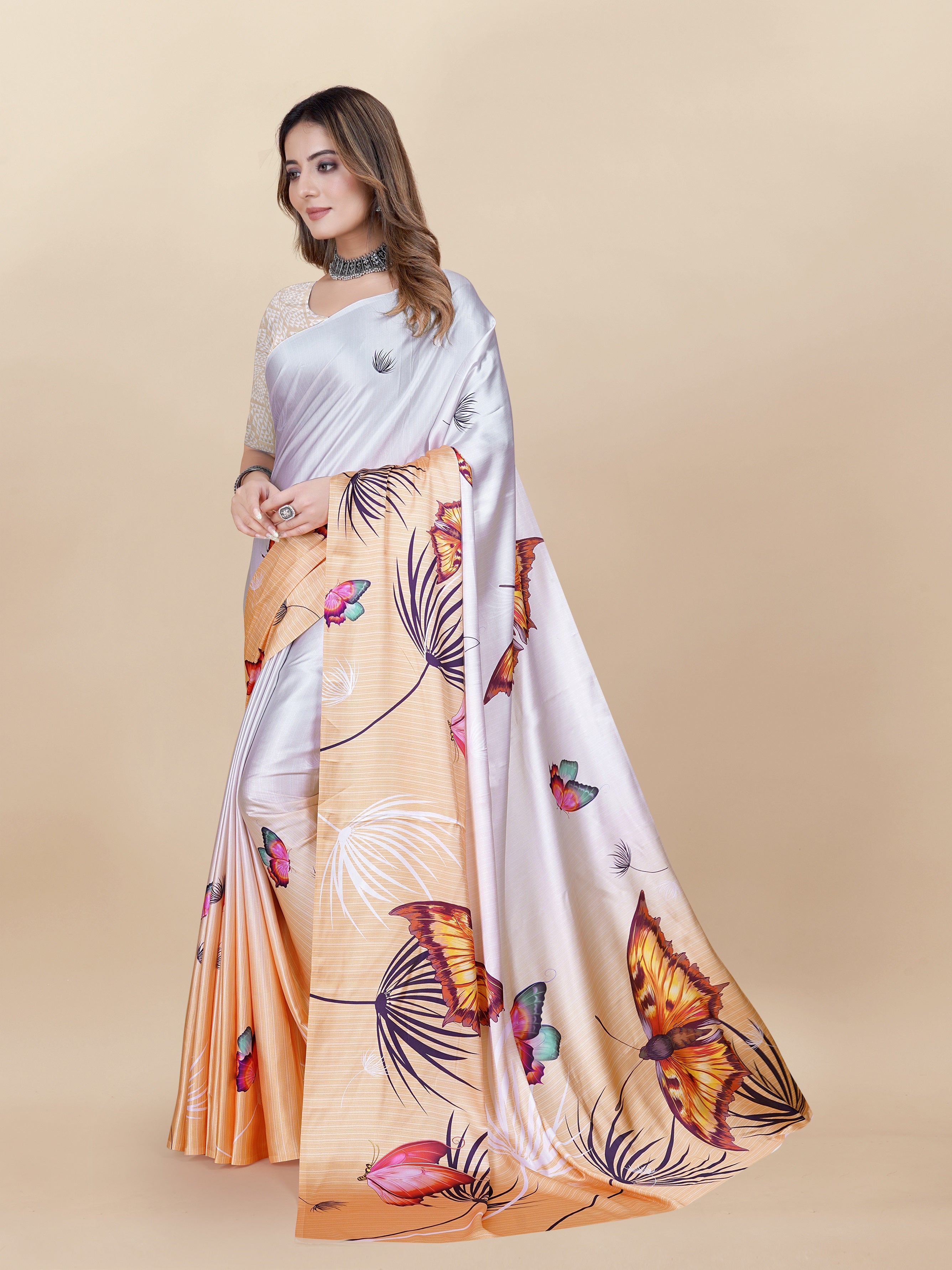 Vedant Vastram Digital Print Japan Satin Silk Party Wear Saree with Unstitched Blouse Piece - Orange - Distacart