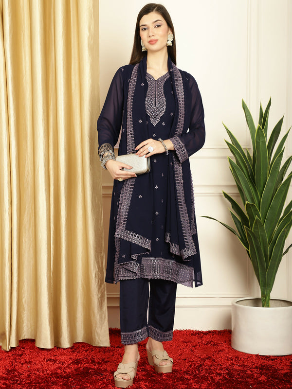 Jyoti Fashion Women's Navy Blue Georgette Resham Thread & Sequin Kurta with Trouser & Dupatta - Distacart