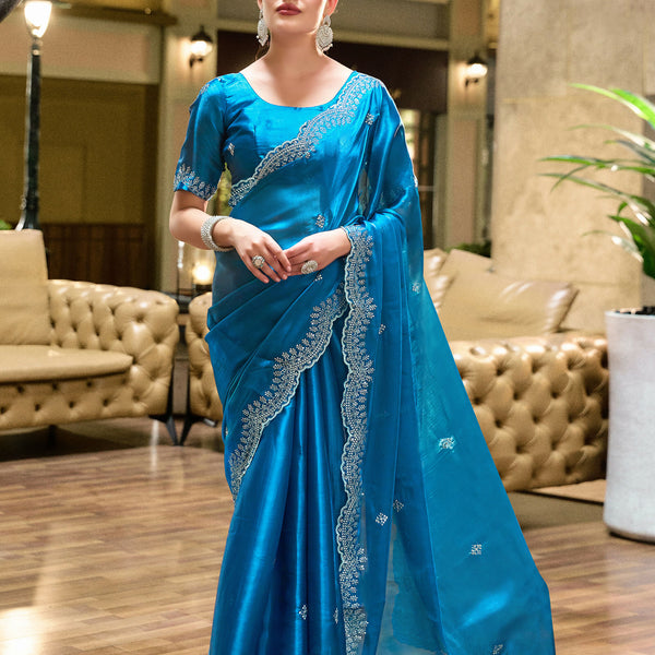Vastranavya Sea Blue Embroidery Work Shimmer Chiffon Saree with Unstitched Blouse