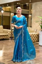 Thumbnail for Vastranavya Sea Blue Embroidery Work Shimmer Chiffon Saree with Unstitched Blouse