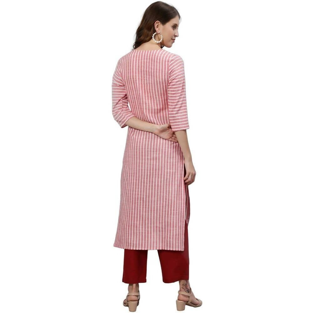 Anubhutee Women's Cotton Striped Pink Kurta with Trouser - Distacart