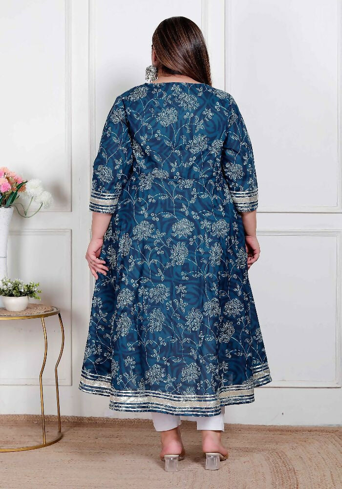 Miravan Plus Size Women'S Blue Cotton Embroidered Neck Anarkali Kurta - Distacart