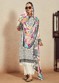Thumbnail for Muslin Cotton Digital Print & Embroidered Off White Salwar Suit - Emponline - Distacart