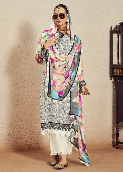 Muslin Cotton Digital Print & Embroidered Off White Salwar Suit - Emponline - Distacart