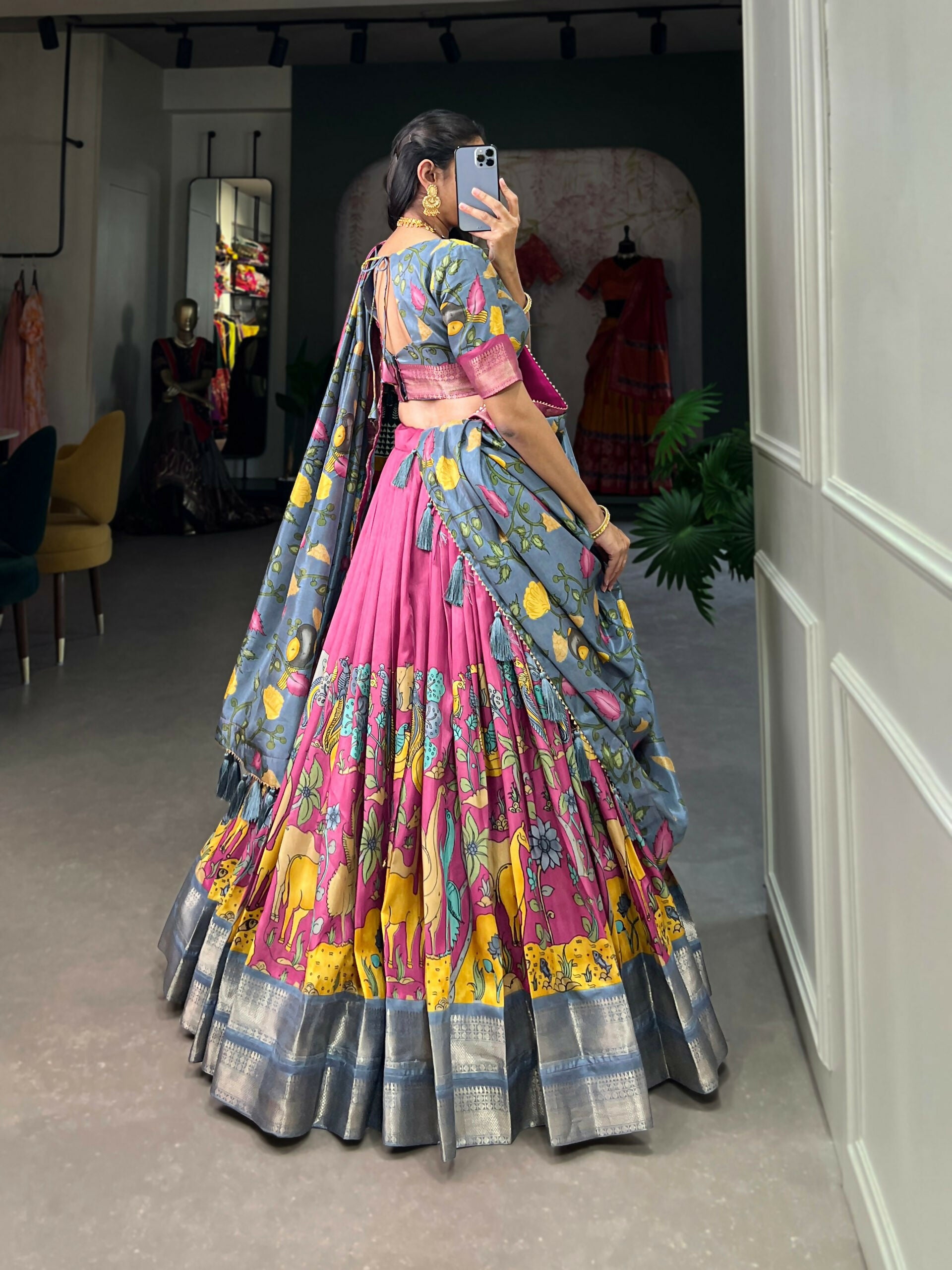 Vastranavya Kalamkari Printed Dola Silk Lehenga Choli - Pink - Distacart
