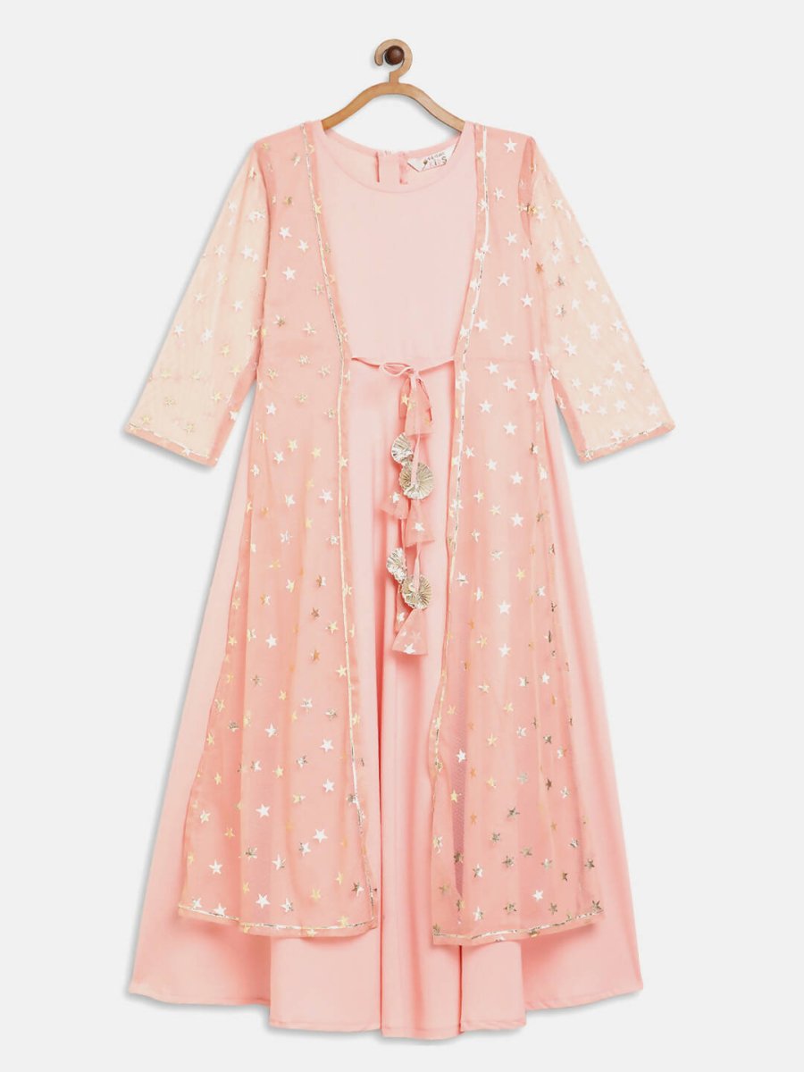 Ahalyaa Pink Crepe & Net Foil Print Kids Dress For Girls - Distacart