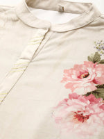 Thumbnail for Ahalyaa Women Cream-Coloured & Pink Floral Printed Gotta Patti Floral Velvet Kurta - Distacart