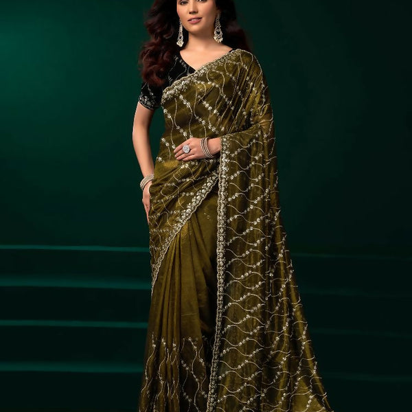 Joban Fashion Mehandi Green Net Party Wear Sarees - Distacart