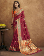 Thumbnail for Vastranavya Maroon Soft Paithani Silk Saree With Gold Zari Weaving Motifs With Matching Blouse Fabric - Distacart