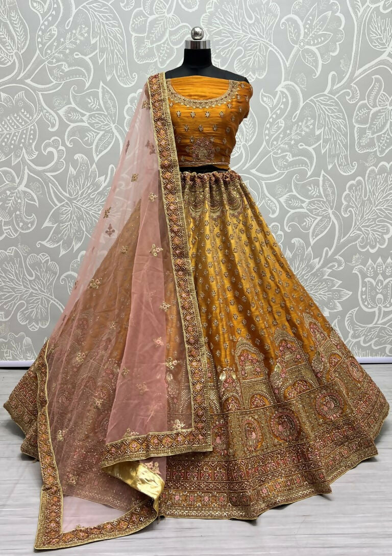 Jyoti Fashion Women's Golden Bridal Net Fancy Dori & Sequins Multi Thread Embroidered with Diamond Work Wedding Lehenga Choli - Distacart