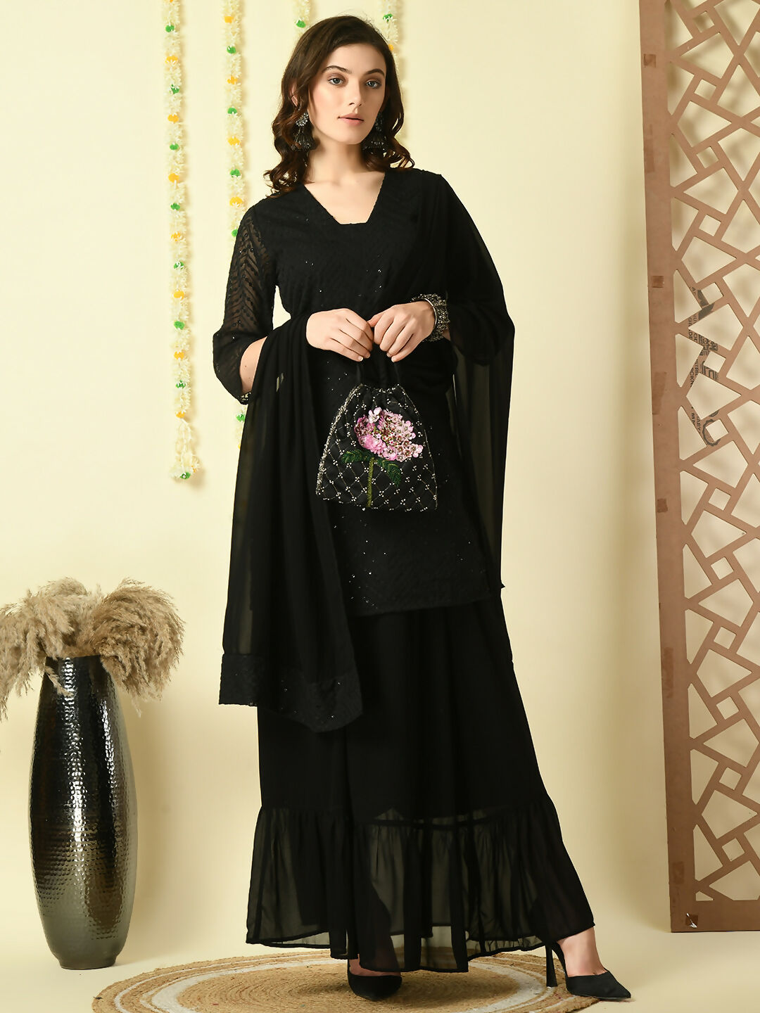 Myshka Women's Black Georgette Kurti & Skirt With Dupatta Party Sets - Distacart