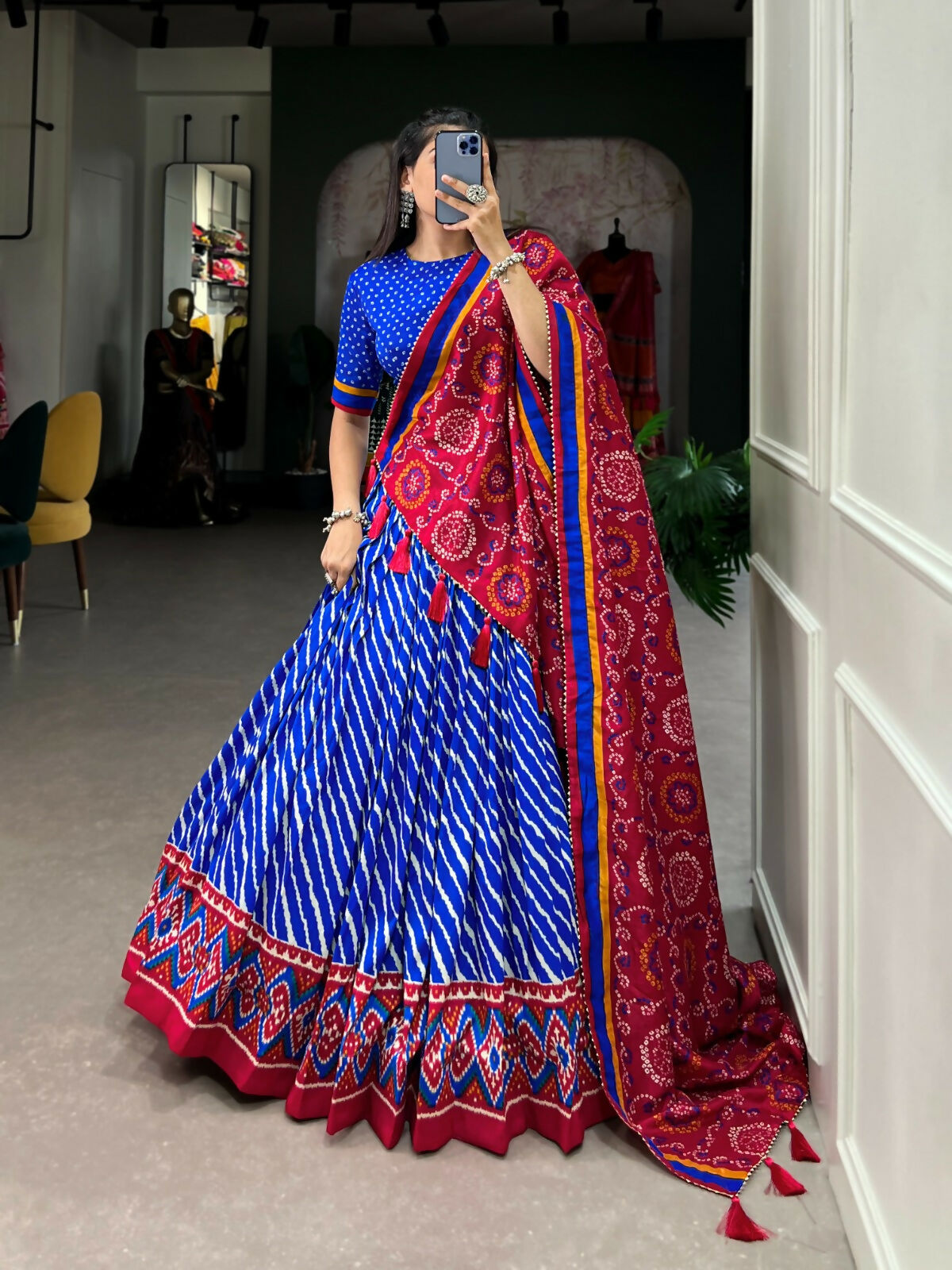 Vastranavya Cultural Leheriya With Patola Print Border Tussar Silk Lehenga Choli - Royal Blue - Distacart