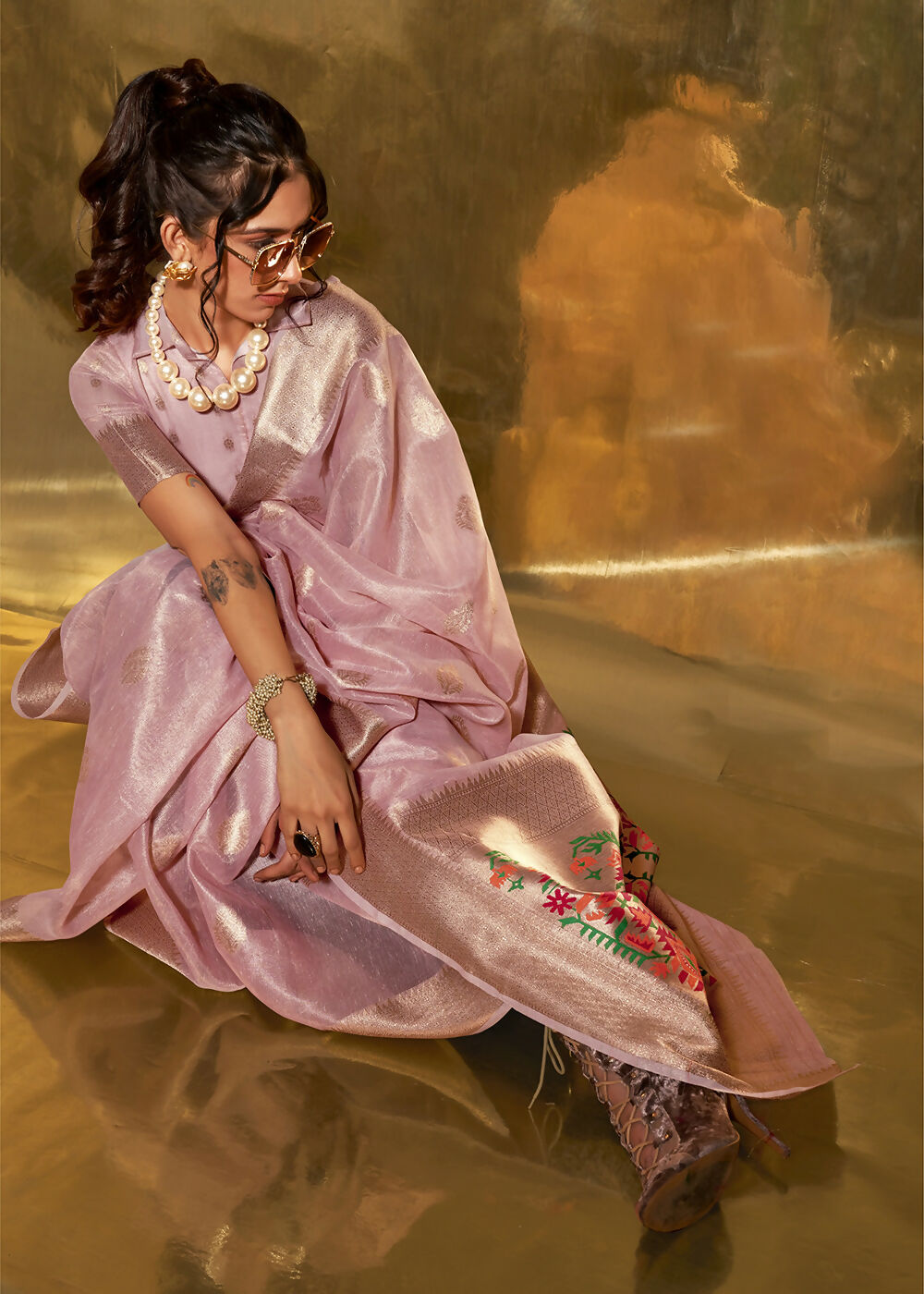 Pink Handwoven Tissue Fabric Festive & Party Style Saree - Emponline - Distacart