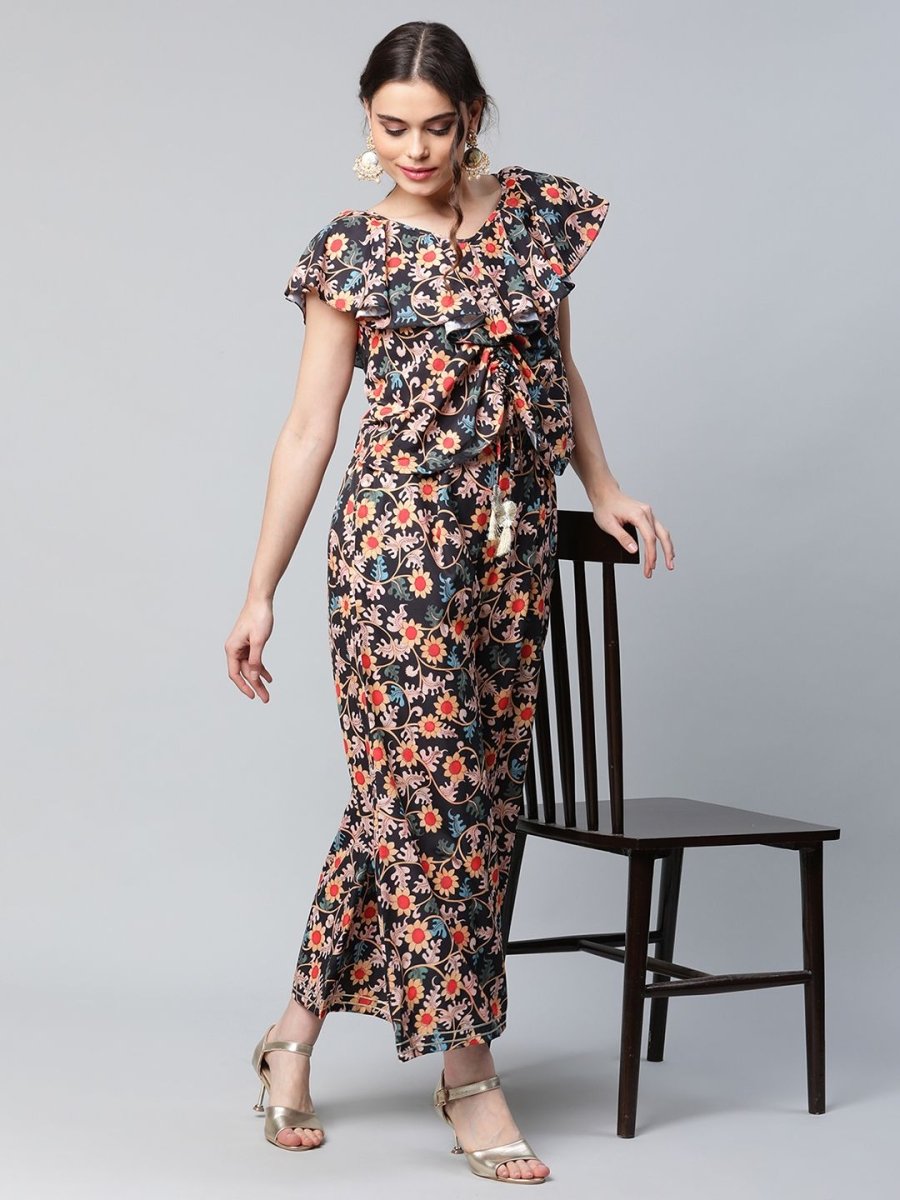 Ahalyaa Women Black Crepe Digital Print Top with Palazzo Set - Distacart