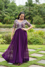 Thumbnail for Preksha Creation Indian Purple Women Faux Blooming Gown with Embroidery Zari Sequins-work - Distacart