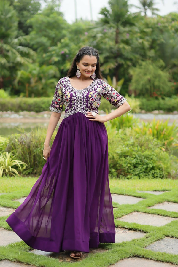 Preksha Creation Indian Purple Women Faux Blooming Gown with Embroidery Zari Sequins-work - Distacart