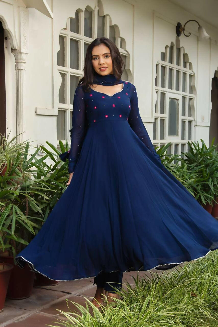 Preksha Creation Designer Women Blue Georgette Gown With Dupatta - Blue - Distacart