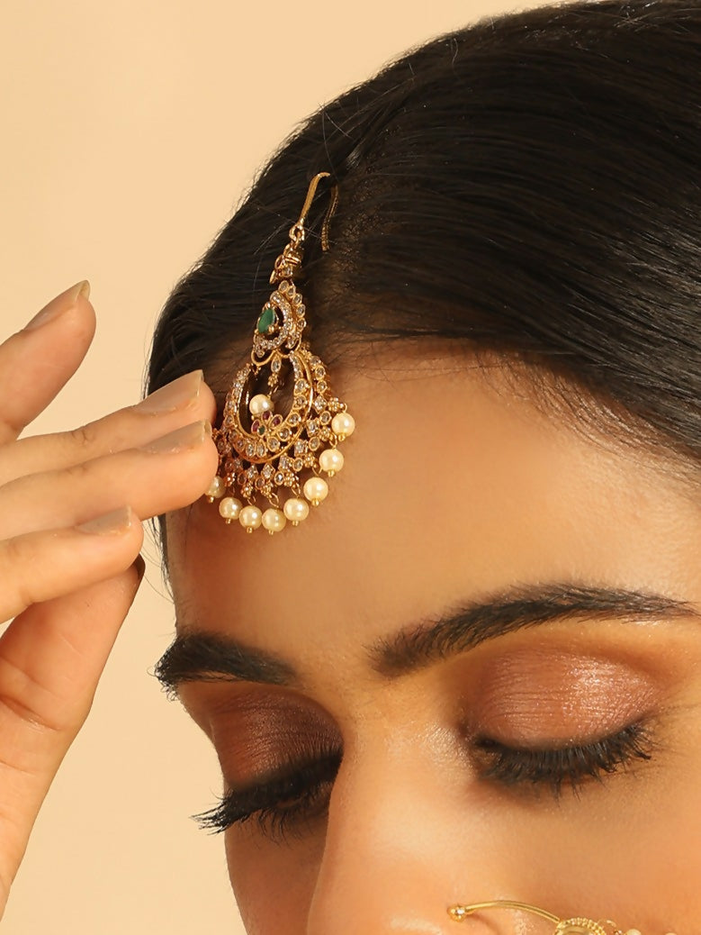 Nuyug 18K Gold Plated Ethereal Pearl Drops Maang Tikka