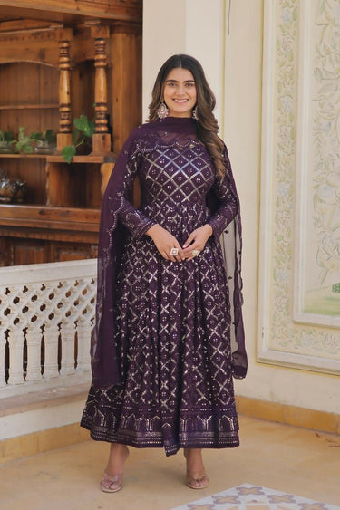 Aastha Fashion Women's Wine Faux Georgette Sequins Embroidered Anarkali Dress with Dupatta - Distacart