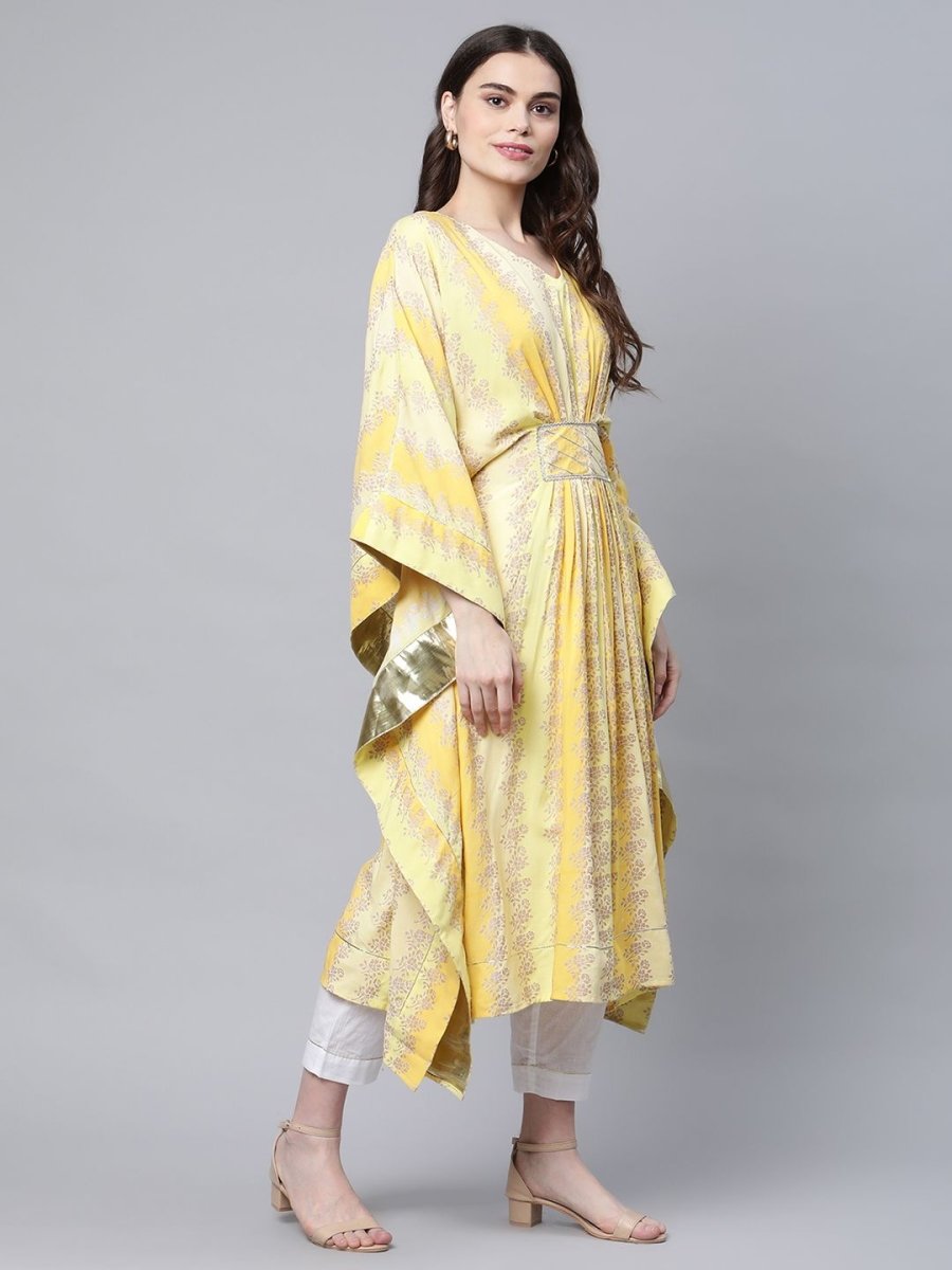 Ahalyaa Women Yellow Rayon Printed Flared Sleeve Kaftan Kurta - Distacart