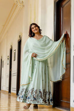 Thumbnail for Teeya Creation Mint Green Chinnon Heavy Work Long Wedding Gown - Distacart