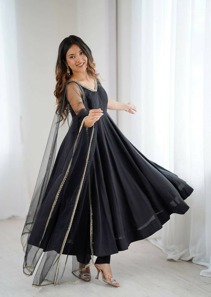 Preksha Creation Black Wedding Special Women Pure Roman Silk Chanderi Fabric Anarkali Gown With Dupatta And Pant