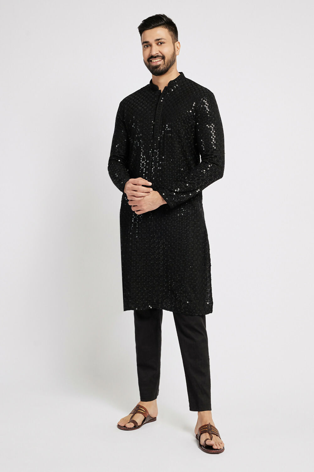 Ethnic India Black Men's Kurta Embellished Viscose Rayon - Distacart