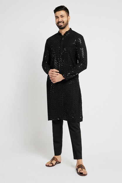 Ethnic India Black Men's Kurta Embellished Viscose Rayon - Distacart