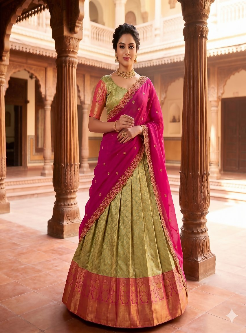 Teeya Creation Pista Green Jacquard Silk Traditional Lehenga Choli with Deep Magenta Dupatta - Dista