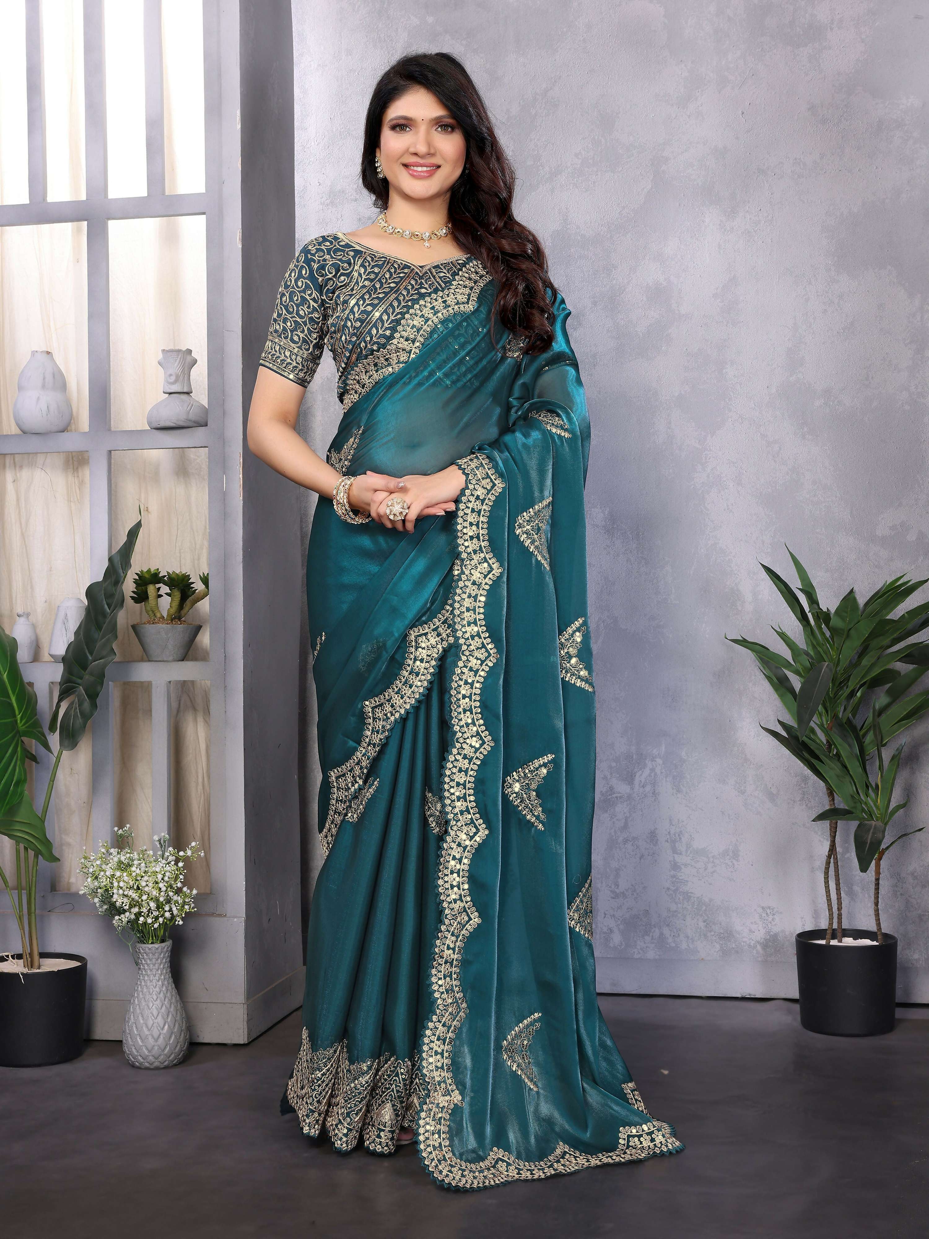 Vastranavya Teal Embroidery Work Shimmer Chiffon Saree with Unstitched Blouse