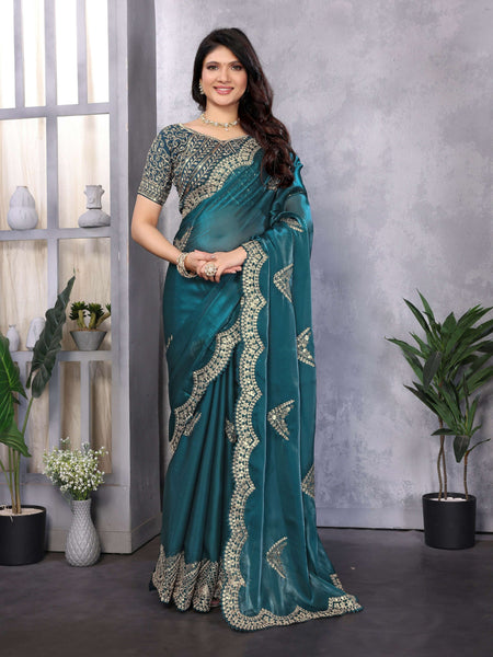 Vastranavya Teal Embroidery Work Shimmer Chiffon Saree with Unstitched Blouse