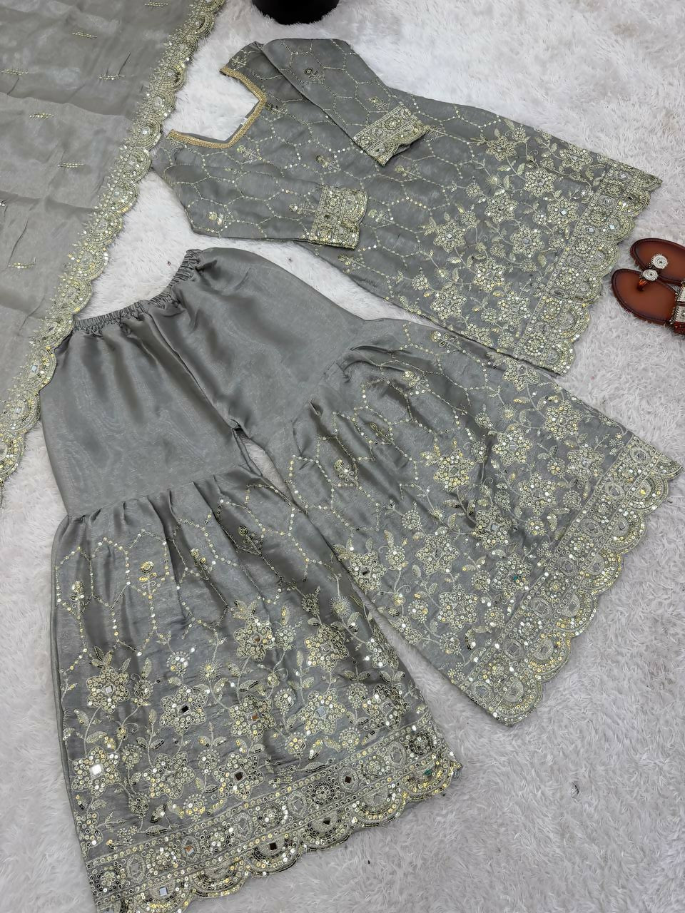 Teeya Creation New Trendy Latest Designer Embroidery Sharara Kurta Set -Grey - Dista
