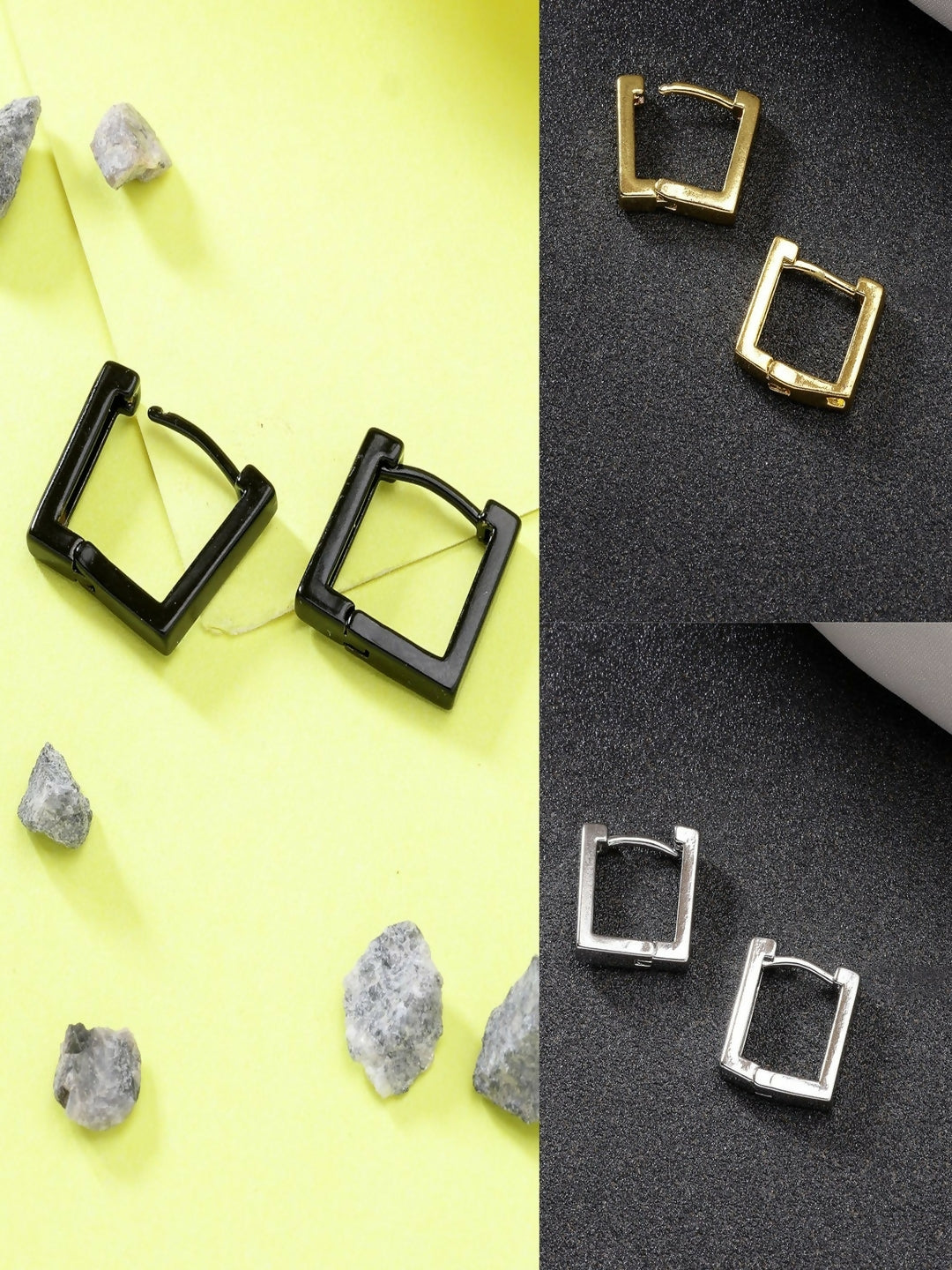 NVR Men's Set of 3 Multicolor Rhodium-Plated Geometric Shape Stainless Steel Hoop Earrings - Distacart