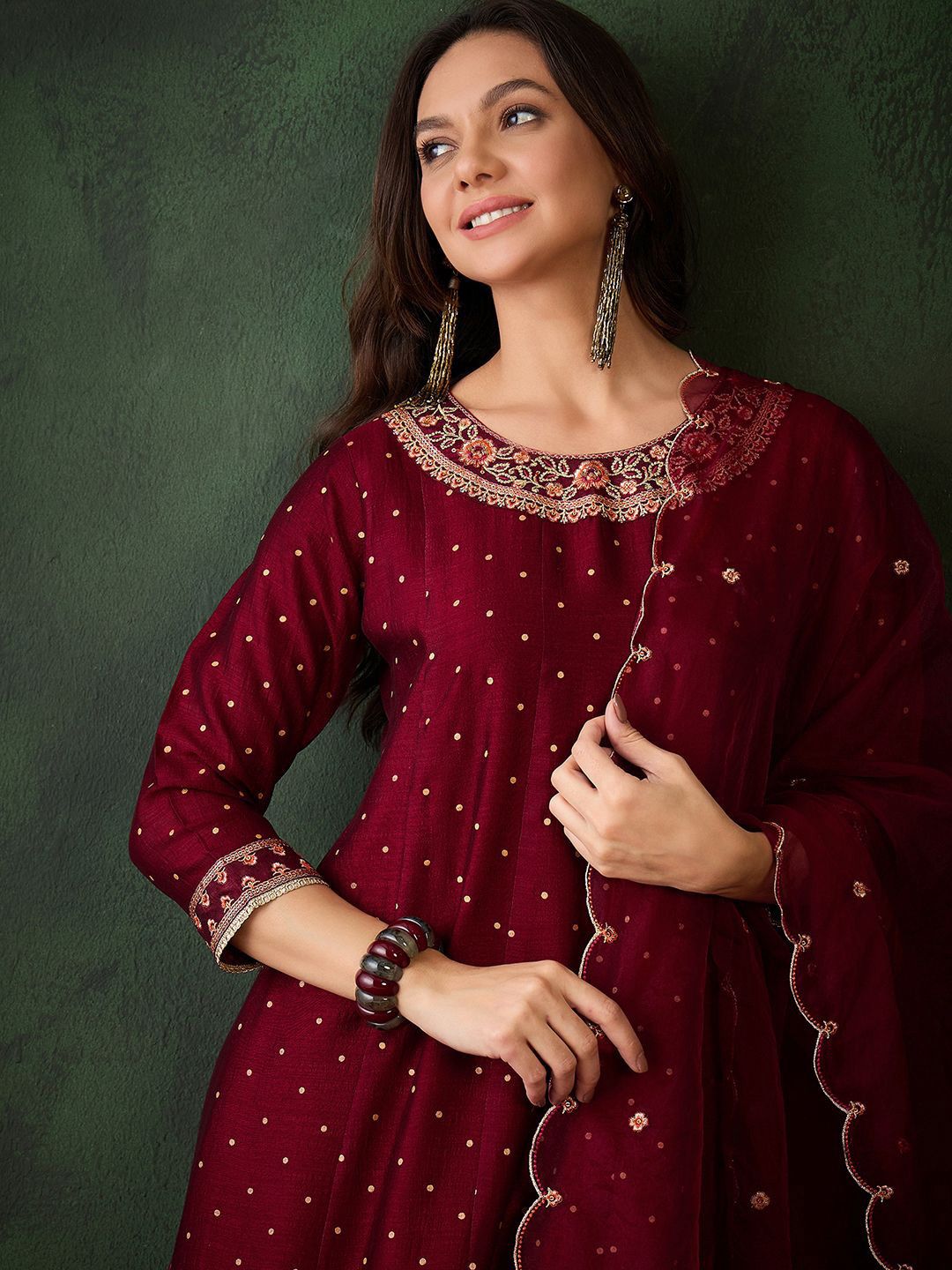 Sangria Geometric Printed Zari & Sequinned A-Line Kurta & Palazzo With Dupatta - Distacart