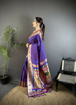 Thumbnail for Joban Fashion Purple Peacock & Floral Motifs Soft Lichi Silk Kanchipuram Saree - Distacart