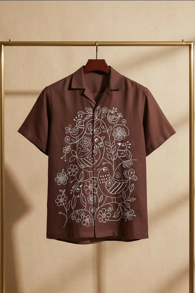 Botan — Brown Embroidered Cotton Shirt by Hilo Design - Dista