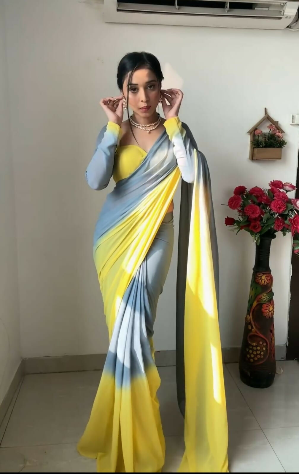 Malishka Georgette Printed Ready To Wear Saree With Blouse Piece - Yellow - Distacart