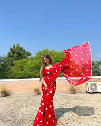 Thumbnail for Malishka Georgette Embroidery Ready To Wear Saree With Blouse Piece - Red - Distacart