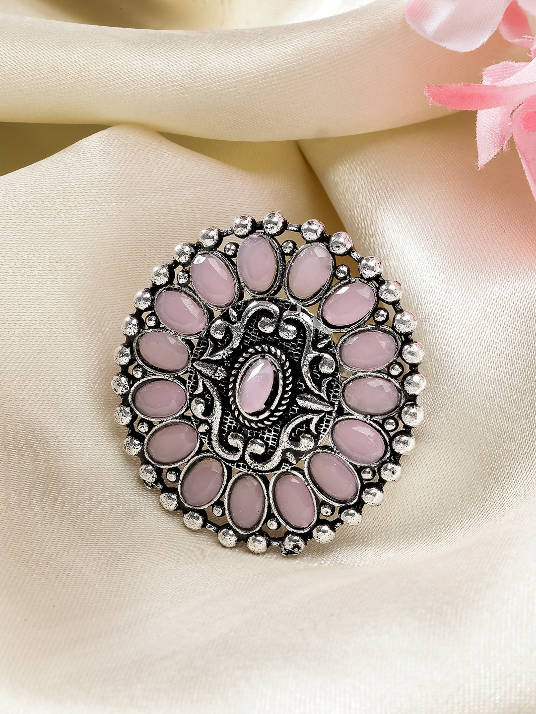 NVR Women's Pink Silver-Plated Circular Shape Adjustable Finger Ring - Distacart